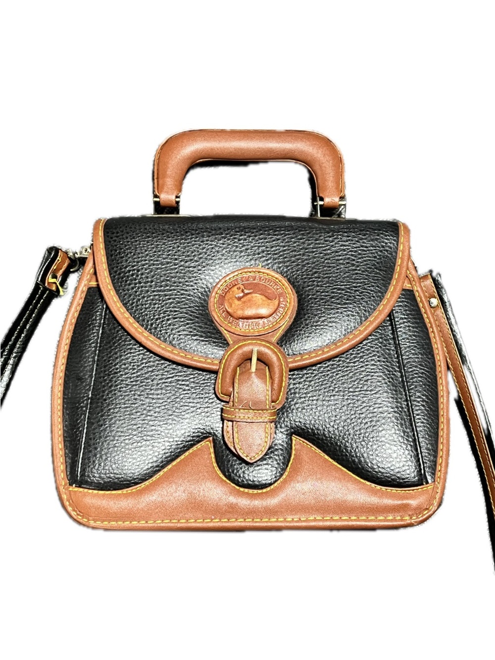 Vintage Dooney & Bourke Black with Brown Trim Leather Satchel Bag